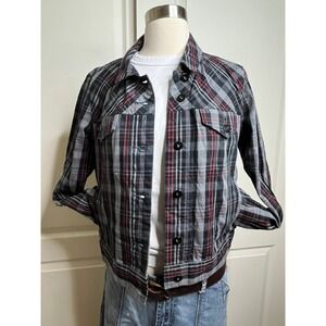 Cato Womens M Plaid Trucker Jacket Grey Black Red Button Front Stretch